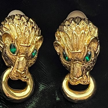 gold lion earrings vintage 1980s clip on door knocker statement earrings 