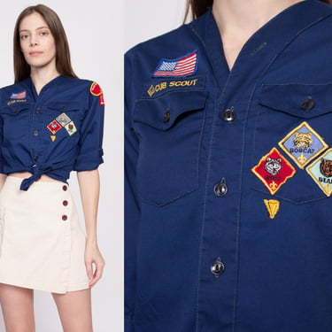70s Cub Scouts California Uniform Shirt - Petite XXS-XS | Vintage Navy Blue Boy Scout BSA Patch Button Up Long Sleeve Top 