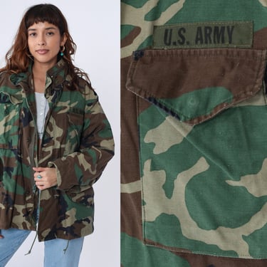 US Army Jacket Camo Jacket 90s Camouflage Military Uniform Utility Patch Commando 1990s Cargo Field Drawstring Waist Zip Up Medium Short 