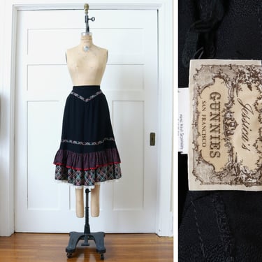 vintage 1970s prairie Gunne Sax skirt • black ribbon & ruffle boho midi-skirt 