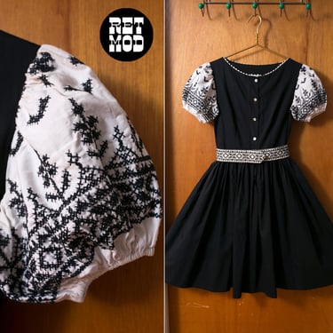 Super Cute Vintage 50s 60s Black & White Cotton Fit and Flare Dress with Embroidery 