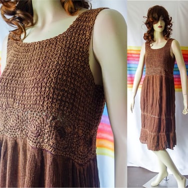 Vintage crochet beach cover up small medium, lightweight casual easy to wear Y2K hippie summer tank dress, 90s sheer pullover short caftan 
