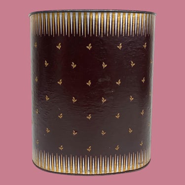 Vintage Wastebasket Retro 1960s Mid Century Modern + Metal + Brown Vinyl + Gold/Silver Design + Oval Shape + Bathroom Storage + Trash Can 