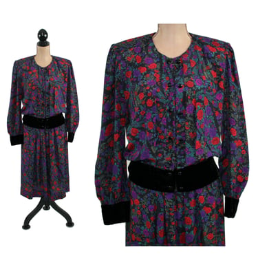 80s Floral Silk Midi - 2 Piece Dress Set Medium, Pleated Skirt and Long Sleeve Top, 1980s Clothes Women, Vintage Clothing from Albert Nipon 