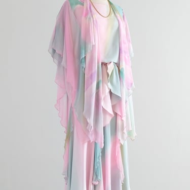 Vintage 1980's Hand Painted Pastel Rainbow Ombre Silk Ensemble by Yolanda Lorente / M