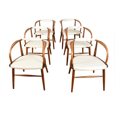 Set of 6 Mid Century Modern Walnut White Upholstered Dining Arm Chairs