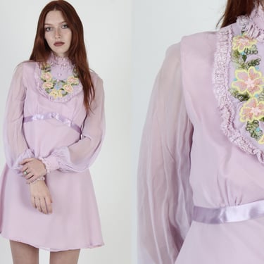 1960s Lilac Chiffon Floral Embroidered Spring Dress 