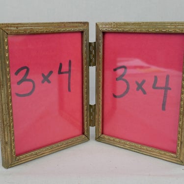 Vintage Hinged Double Picture Frame - Gold Tone Metal w/ Glass - Shabby Corroded Spooky - 3