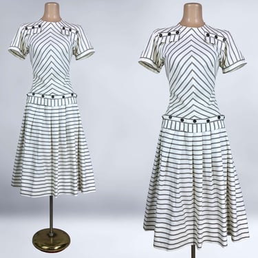 VINTAGE 40s 50s Striped Skirt and Blouse Dress Set by Doris Dodson 38B/27W | 1940s 2-piece suit Brown White | VFG 