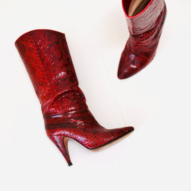 80s Vintage Red Snake Skin Embossed Leather High Heel Boots 6  Leather High Heel Black Boots Pointed Toe Boots Made in Italy 