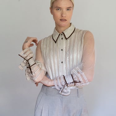 Vintage ESCADA Y2K Cotton Dot Blouse with Mesh Ruffled Sleeves XS S M Semi Sheer Peasant Ruffle White Brown 2000s 