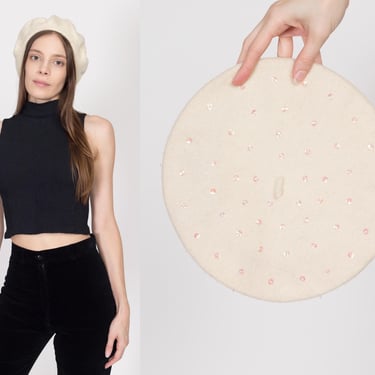 Vintage Y2K Cream Wool & Pink Sequin Beret 