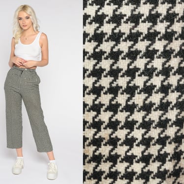 Houndstooth Pants 80s Straight Leg Plaid Trousers Wool Blend Retro Black Boho Punk Mod High Waisted Checkered Vintage 190s Extra Small xs 