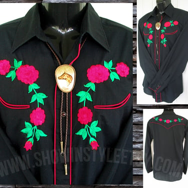 Vintage Men's Cowboy & Rodeo Shirt by Karman, Embroidered and Appliqued Red Roses and Green Leaves, Approx. Medium (see meas. photo) 