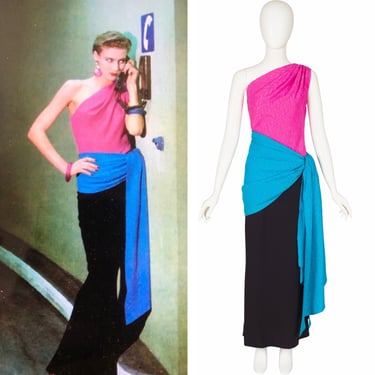 Yves Saint Laurent 1985 S/S Vintage Color-Block Silk One-Shoulder Evening Gown Sz S M 