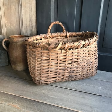 Antique Door Flower Basket, Rustic Willow, Handle, Wicker, Hanging Basket, European Farmhouse 