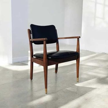 1950s Mid-Century Walnut Armchair by Gregson MFG Co | Italian Leather, Brass Accents, Modern Accent Chair 