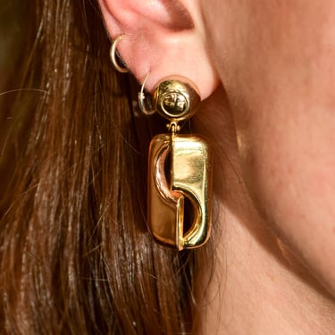 Modernist Italian 14K Yellow Gold Drop Dangle Earrings With Omega Backs, Mod Chunky Geometric Design, 46mm 