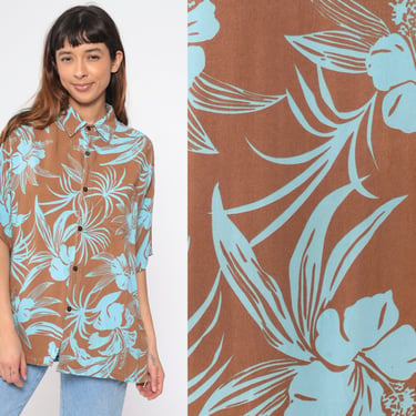 Brown Hawaiian Shirt 90s Tropical Floral Shirt Blue Button Up Top Hibiscus Flower Print Summer Short Sleeve 1990s Vintage Rayon Men's Large 
