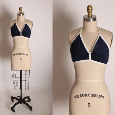 1970s Navy Blue and White Terry Cloth Bikini Style Halter Top -M 