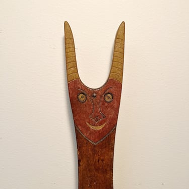 Antique Boot Jack of the Devil - Early 1900s Folk Art - Unusual Underground Artwork - Rare Hand Carved Satan - Fine Example - Red Yellow 