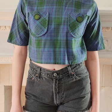 60s Cotton Crop Top in Blue Plaid w-Back Button Closure & Short Sleeves - M 