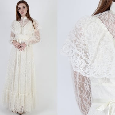 Ivory Floral Lace Wedding Maxi Dress, Vintage 70s Off White Sheer Bridal Dress, Simple Scallop Lace Bridesmaids Capelet Prairie Dress 