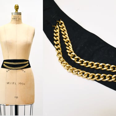 80s 90s Vintage Gold Chain Leather Belt Black Wide Leather Belt with Gold Metallic Chain Belt SMALL Medium Large 90s Glam Selena Nava Beli 