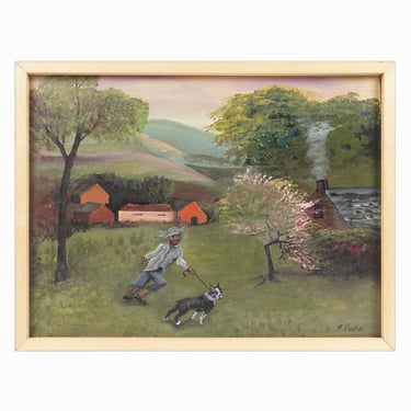 M. Sheehan Acrylic Painting on Canvas Folk Art Man and Dog 