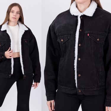 Vintage Levis Black Denim Shearling Lined Jacket - Men's Large | 80s Levi's Made In USA Sherpa Jean Jacket Grunge Trucker Coat 