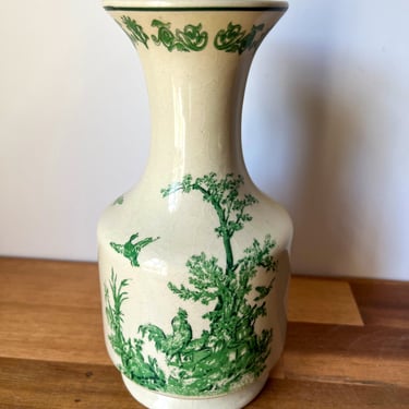 Toile Transferware Cream Vase. French Style Ceramic Vase. Green Toile Pattern Vase. 