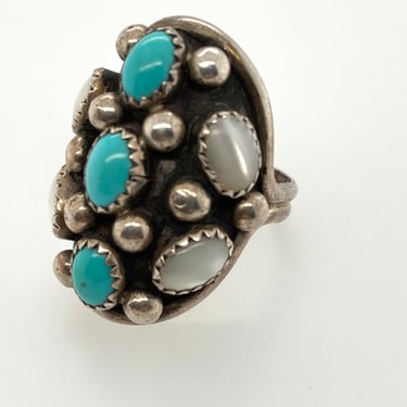 Vintage Navajo 7 Stone Turquoise MOP & Sterling Silver Ring Sz 7.75 Signed J Roybal 