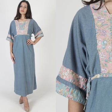 Kimono Bell Sleeve Crushed Velvet Maxi Dress, Blue Floral Pastel Boho Wedding Gown, Casual One Pocket Long Hippie Outfit 