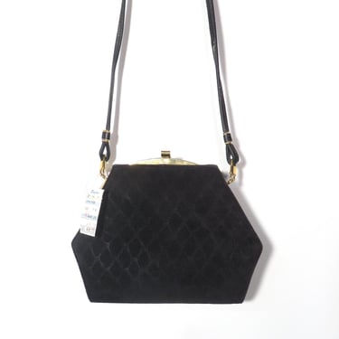 Vintage 80s Deadstock Black Suede Diamond Print Crossbody Purse 