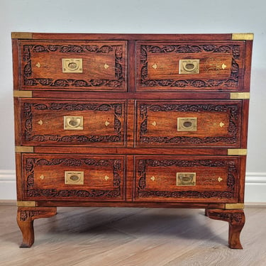 Mid-Century Campaign Style Anglo-Indian Carved Inlaid Brass Mounted Rosewood Chest Of Drawers, End Table or Nightstand 