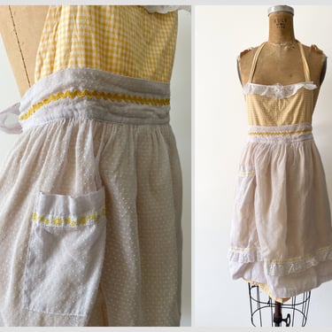 Vintage pinafore apron, yellow gingham & dotted Swiss | handmade, size XXS women or L girls 