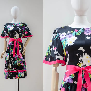 bright black floral dress | 80s vintage hot pink flutter sleeve drop waist polished cotton midi dress 