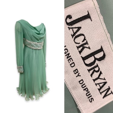 Vtg Vintage 1970s 70s Designer Jack Bryan Sea Foam Green Beaded Cocktail Dress 