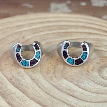 HOOKED ON HORSESHOES Vintage Sterling Silver Inlay Turquoise & Coral Ring | Signet, Native American Southwestern Jewelry | Multiple Sizes 