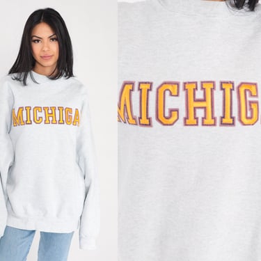 Michigan Sweatshirt 90s University Sweatshirt Heather Grey College Shirt Pullover Crewneck Wolverines UM Graphic Gold Vintage 1990s 2xl xxl 