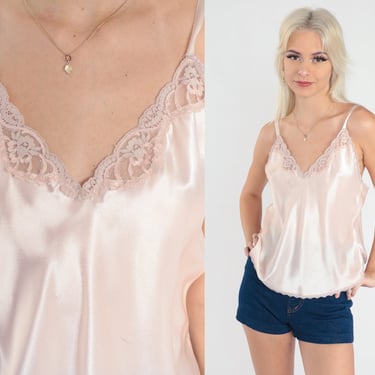 90s Cami Top Baby Pink Satin Camisole Lingerie Tank Top Lace Trim Adjustable Straps Romantic Sleep Shirt Vintage 1990s Bohemian Medium 