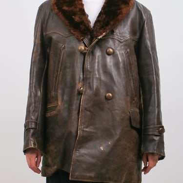 1940s french Brown cowhide car coat jacket with Shearling Lining and Fur Collar