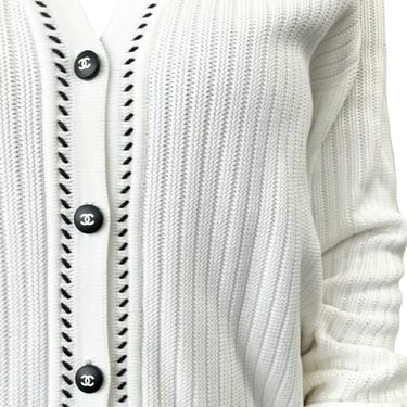 Chanel White Ribbed Logo Button Cardigan