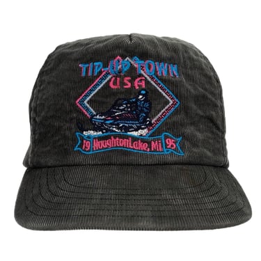 Vintage 1995 Tip-Up Town USA Houghton Lake Michigan Snowmobile Corduroy SnapBack Hat Cap 