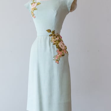 Vintage 1950s Peggy Hunt Aqua Linen Cocktail Dress With Rose Applique Pocket / SM