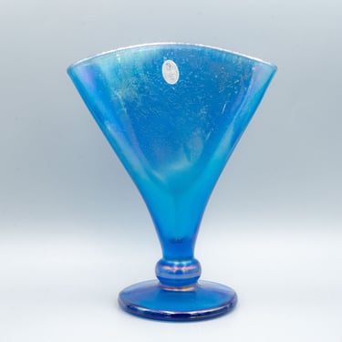 Fenton Stretch Glass Celeste Blue Fan Vase for Metropolitan Museum of Art | Vintage Contemporary Iridescent 