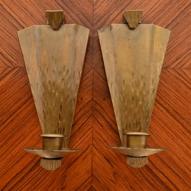 Roycroft Arts &#038; Crafts Hammered Brass Candle Wall Sconces, Pair