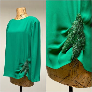 Vintage 1980s Emerald Green Crepe Beaded Blouse, 80s Jack Bryan Formal Top, Size 14, 42