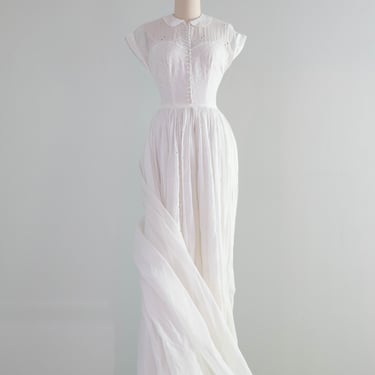 Breathtaking 1950's Clover Embroidered Cotton Organdy Wedding Gown / XS
