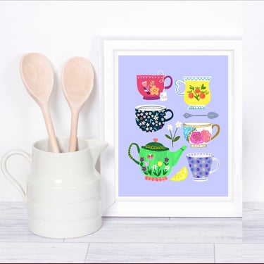Decorative Teacups 8 X 10 Art Print/ Tea Set Illustration/ Teapot Kitchen Print/ Cup and Saucer Wall Decor 